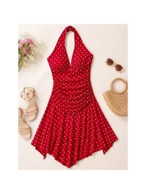 First Look Red Polka Dot Halter Midi Dress Ruched Pin Up Rockabilly S Vintage